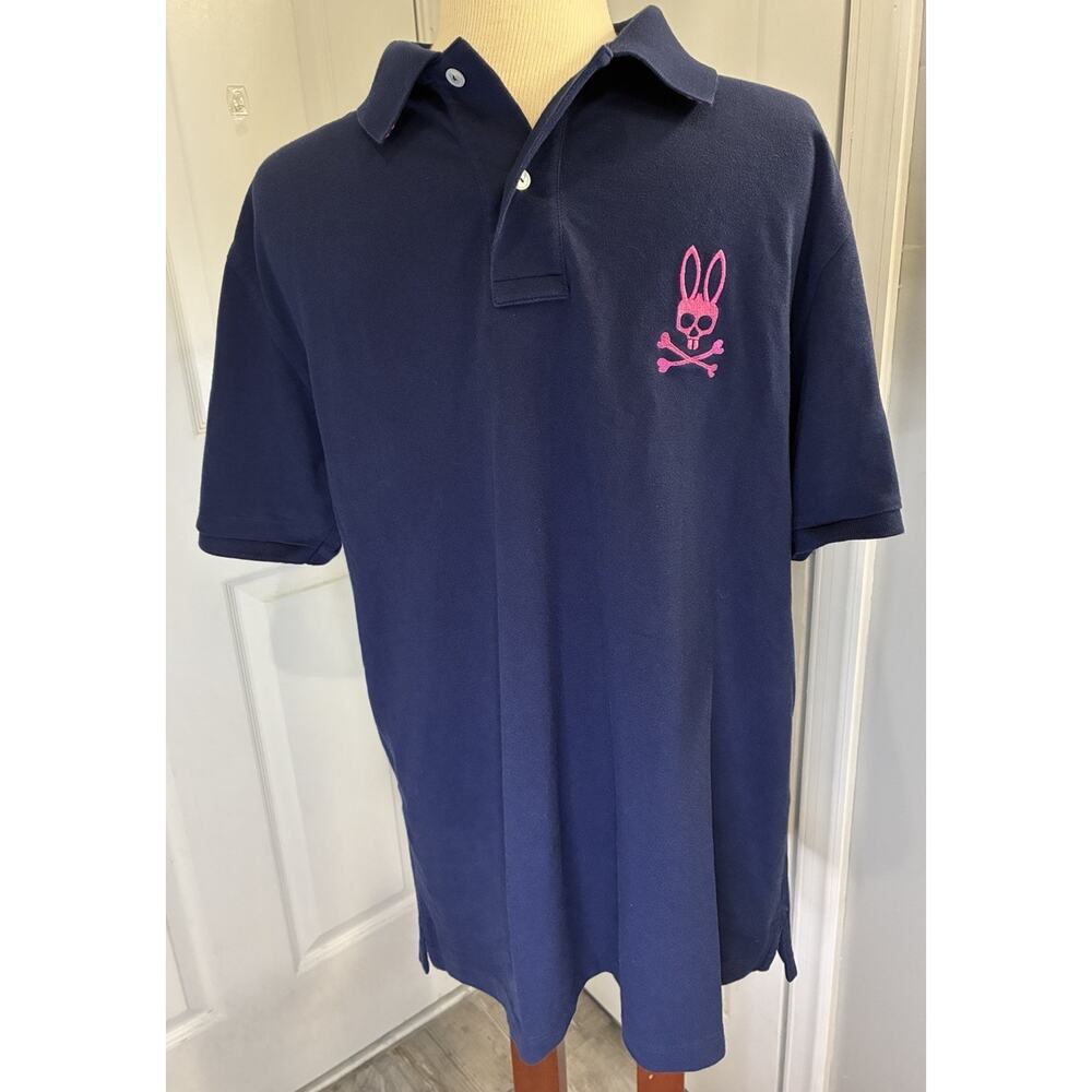 Psycho Bunny Mens Polo Shirt Size 7 (Large) Navy Blue/Pink Pima Cotton